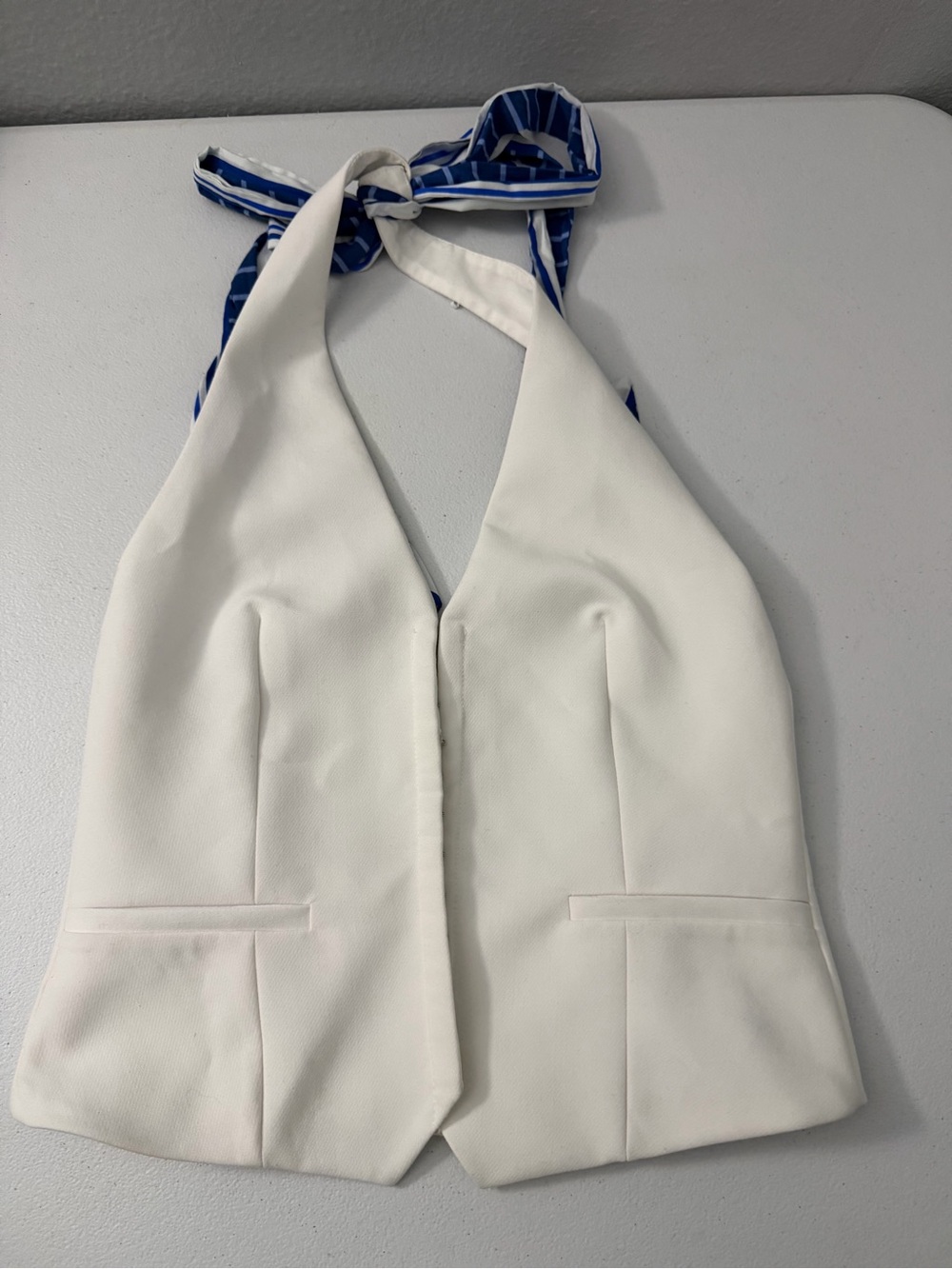 Zara White Halter Vest with Blue Striped Tie